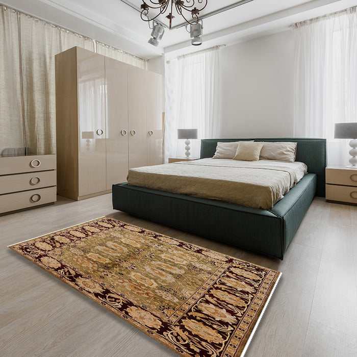 Mid-Century Modern Brown Sand Brown Oriental Rug in a Bedroom, urb683