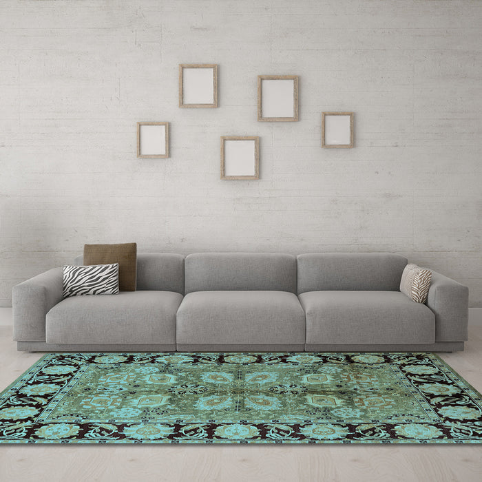 Machine Washable Oriental Light Blue Traditional Rug in a Living Room, wshurb683lblu