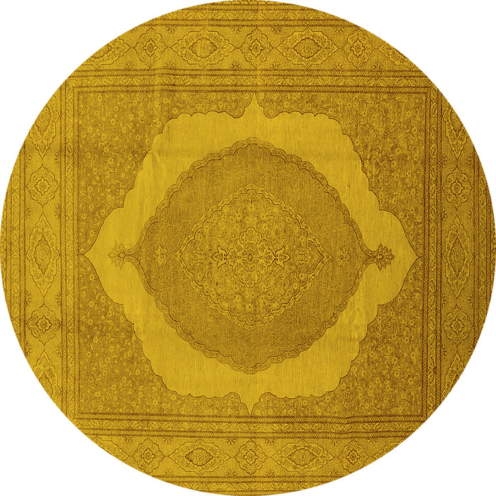 Round Machine Washable Medallion Yellow French Rug, wshurb684yw