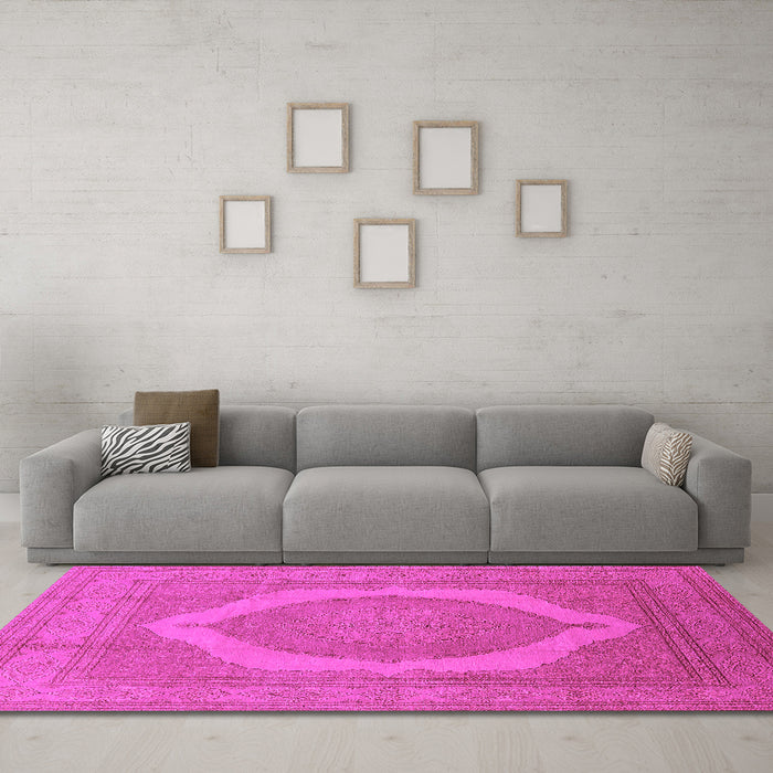 Machine Washable Medallion Pink French Rug in a Living Room, wshurb684pnk
