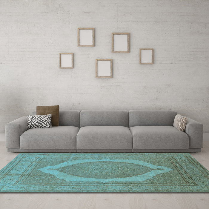 Machine Washable Medallion Light Blue French Rug in a Living Room, wshurb684lblu