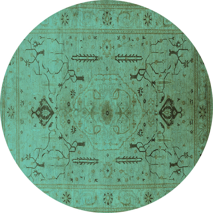 Round Machine Washable Oriental Turquoise Traditional Area Rugs, wshurb685turq