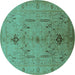 Round Machine Washable Oriental Turquoise Traditional Area Rugs, wshurb685turq