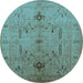 Round Machine Washable Oriental Light Blue Traditional Rug, wshurb685lblu