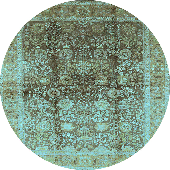 Round Machine Washable Oriental Light Blue Traditional Rug, wshurb688lblu