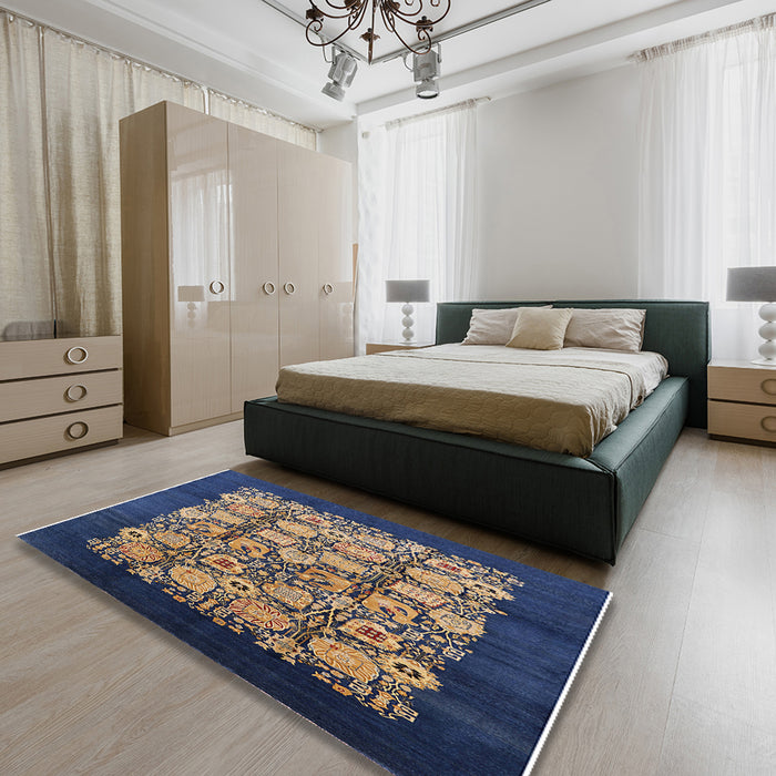 Mid-Century Modern Brown Oriental Rug in a Bedroom, urb689