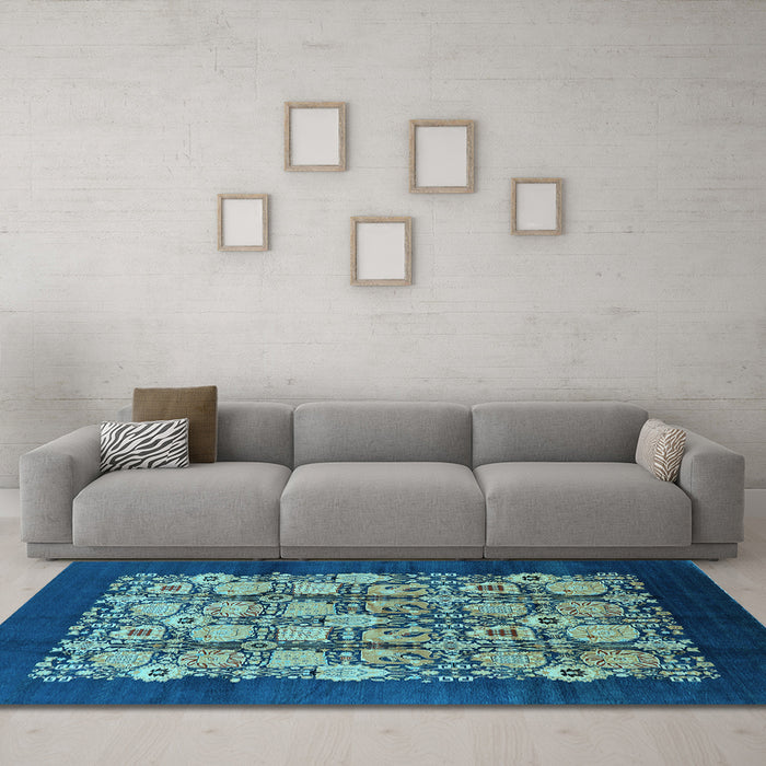 Machine Washable Oriental Light Blue Industrial Rug in a Living Room, wshurb689lblu