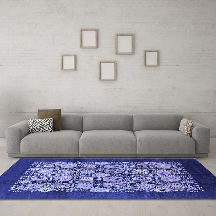 Machine Washable Oriental Blue Industrial Rug in a Living Room, wshurb689blu