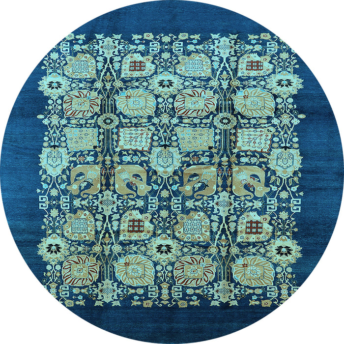 Round Machine Washable Oriental Light Blue Industrial Rug, wshurb689lblu