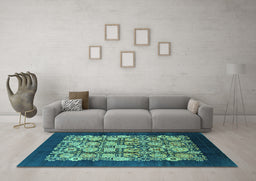 Machine Washable Oriental Turquoise Industrial Area Rugs in a Living Room,, wshurb689turq