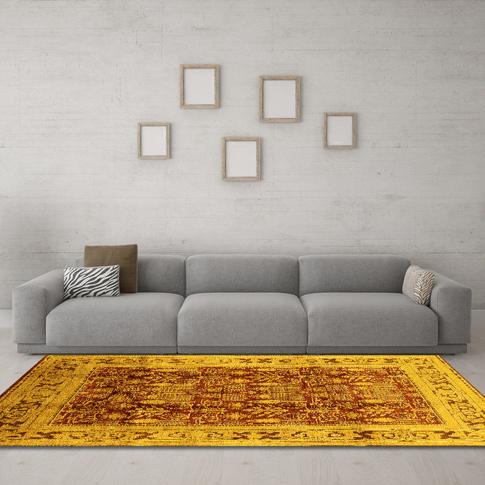 Machine Washable Oriental Yellow Traditional Rug in a Living Room, wshurb690yw