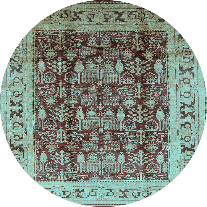 Round Machine Washable Oriental Light Blue Traditional Rug, wshurb690lblu