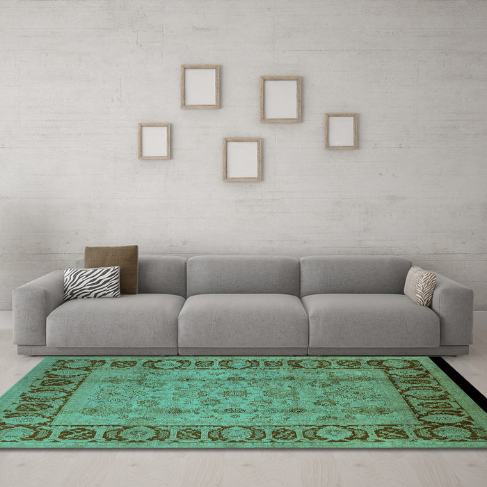 Machine Washable Oriental Turquoise Traditional Area Rugs in a Living Room,, wshurb691turq