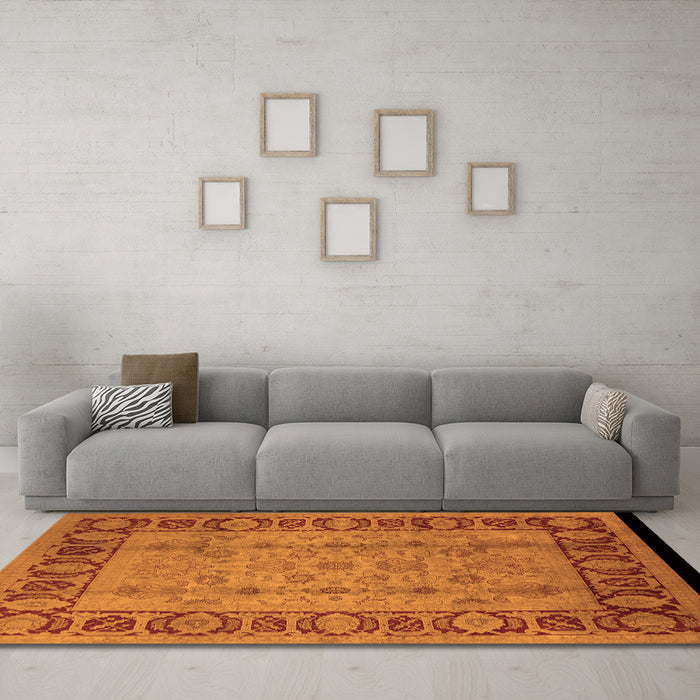 Machine Washable Oriental Orange Traditional Area Rugs in a Living Room, wshurb691org