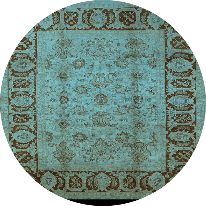 Round Machine Washable Oriental Light Blue Traditional Rug, wshurb691lblu