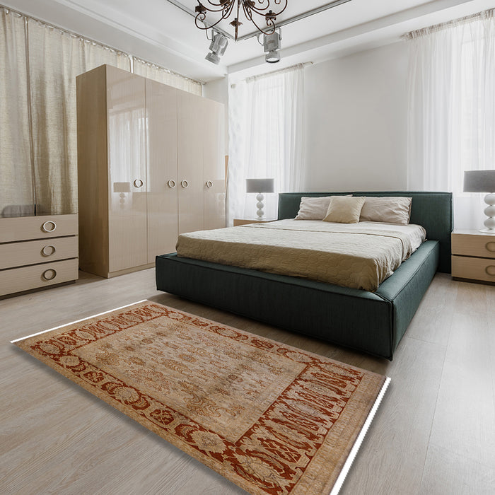Mid-Century Modern Mahogany Brown Oriental Rug in a Bedroom, urb691