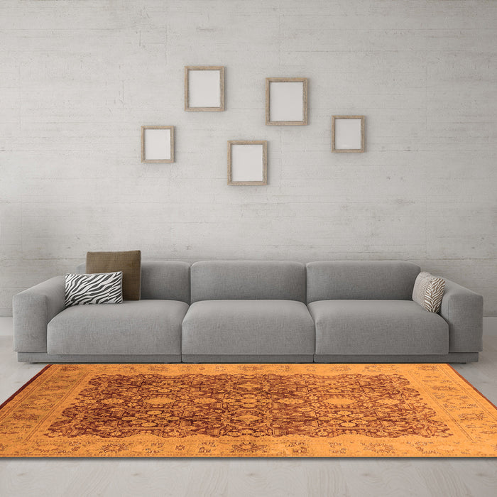 Machine Washable Oriental Orange Traditional Area Rugs in a Living Room, wshurb692org