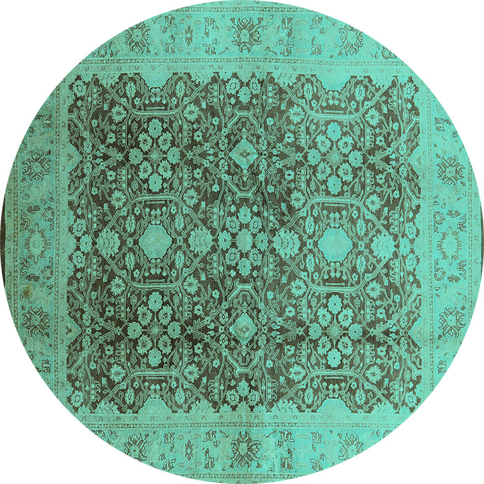 Round Machine Washable Oriental Turquoise Traditional Area Rugs, wshurb692turq