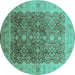 Round Machine Washable Oriental Turquoise Traditional Area Rugs, wshurb692turq