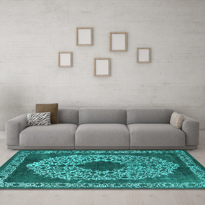 Machine Washable Oriental Turquoise Industrial Area Rugs in a Living Room,, wshurb693turq