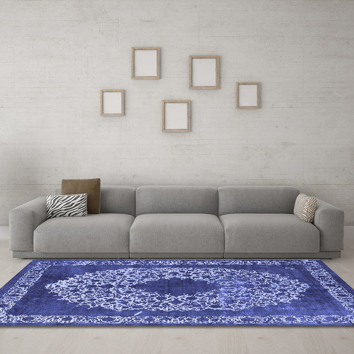 Machine Washable Oriental Blue Industrial Rug in a Living Room, wshurb693blu