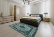 Mid-Century Modern Cadet Blue Green Oriental Rug in a Bedroom, urb693