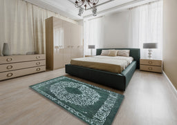 Mid-Century Modern Cadet Blue Green Oriental Rug in a Bedroom, urb693