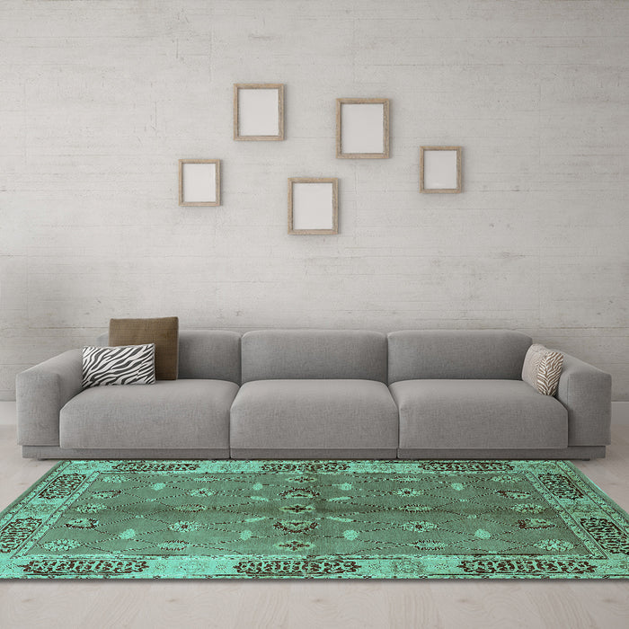 Machine Washable Oriental Turquoise Traditional Area Rugs in a Living Room,, wshurb695turq