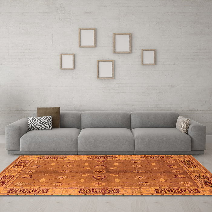 Machine Washable Oriental Orange Traditional Area Rugs in a Living Room, wshurb695org