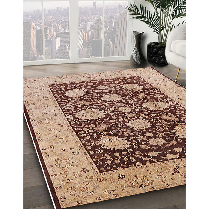 Mid-Century Modern Dark Sienna Brown Oriental Rug in Family Room, urb696