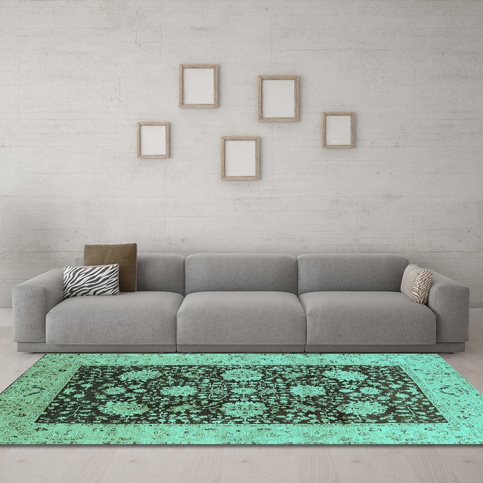 Machine Washable Oriental Turquoise Traditional Area Rugs in a Living Room,, wshurb696turq