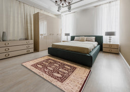 Mid-Century Modern Dark Sienna Brown Oriental Rug in a Bedroom, urb696