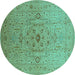 Round Machine Washable Oriental Turquoise Traditional Area Rugs, wshurb697turq