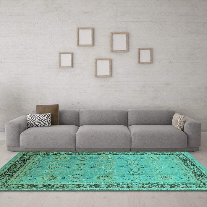 Machine Washable Oriental Turquoise Industrial Area Rugs in a Living Room,, wshurb698turq
