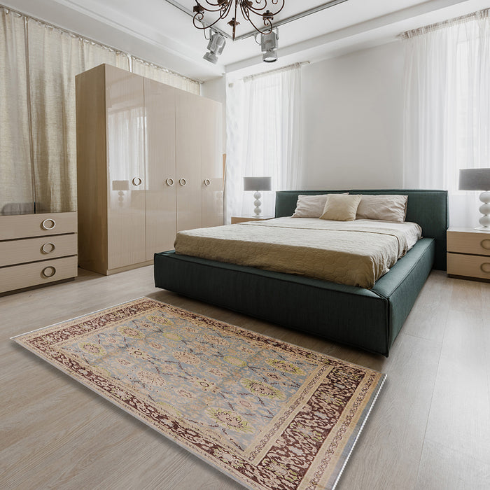 Mid-Century Modern Brown Oriental Rug in a Bedroom, urb698