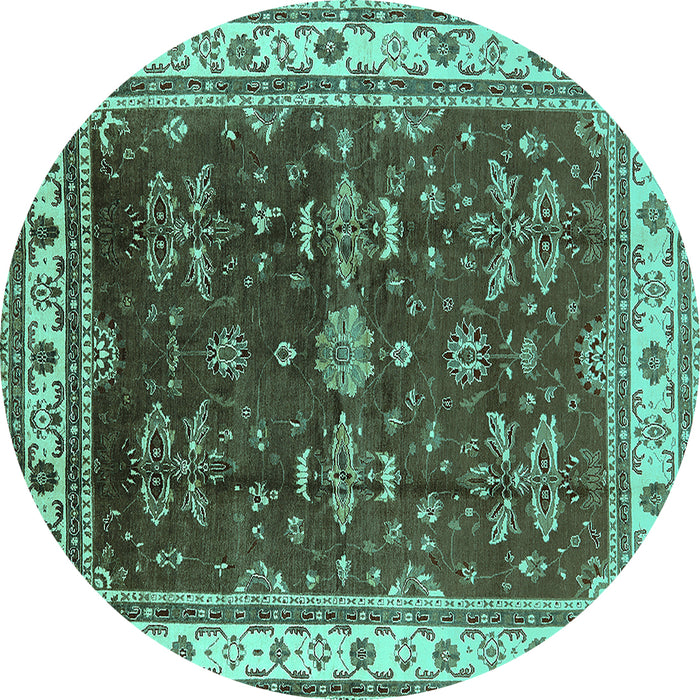 Round Machine Washable Oriental Turquoise Traditional Area Rugs, wshurb700turq
