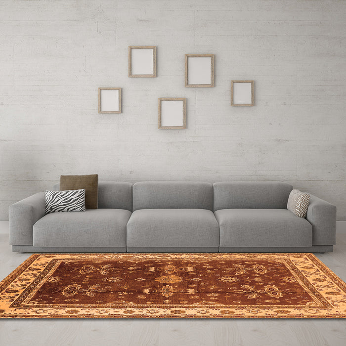Machine Washable Oriental Orange Traditional Area Rugs in a Living Room, wshurb700org