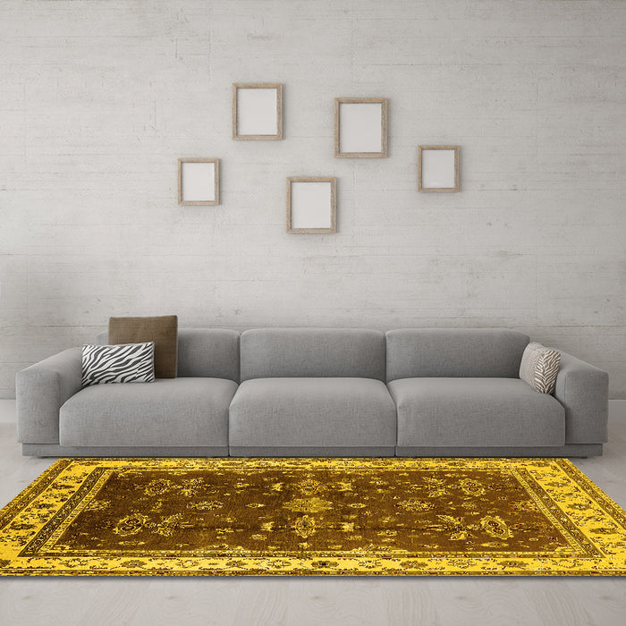Machine Washable Oriental Yellow Traditional Rug in a Living Room, wshurb700yw