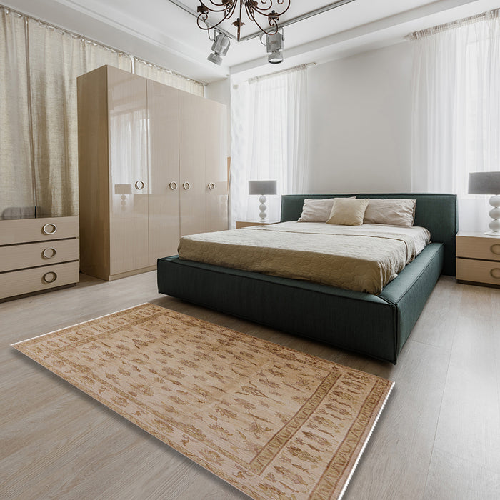 Mid-Century Modern Light Brown Oriental Rug in a Bedroom, urb701