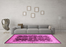 Machine Washable Oriental Pink Traditional Rug in a Living Room, wshurb702pnk