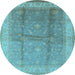 Round Machine Washable Oriental Light Blue Traditional Rug, wshurb703lblu