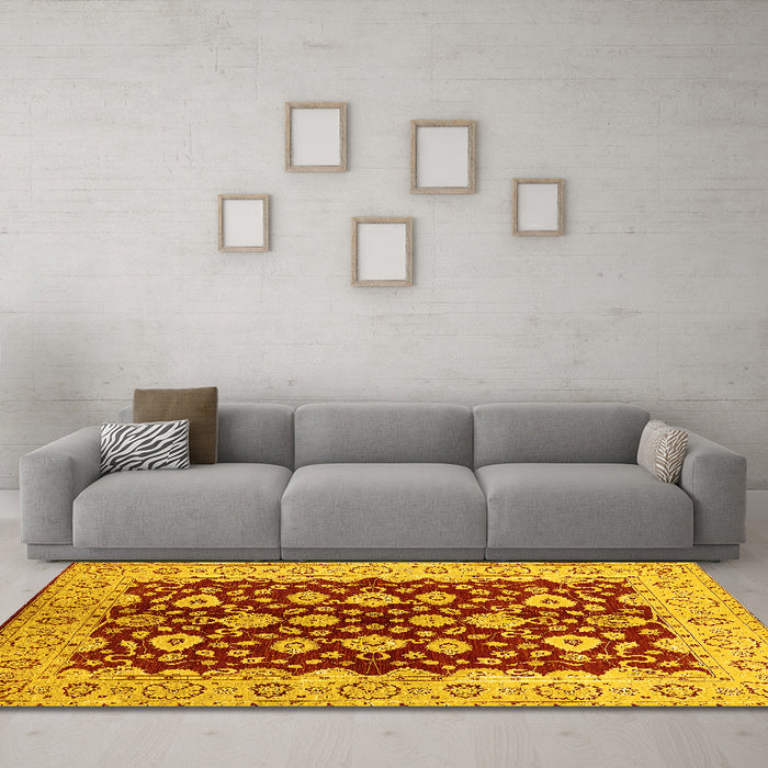 Machine Washable Oriental Yellow Traditional Rug in a Living Room, wshurb704yw