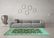 Machine Washable Oriental Turquoise Traditional Area Rugs in a Living Room,, wshurb704turq