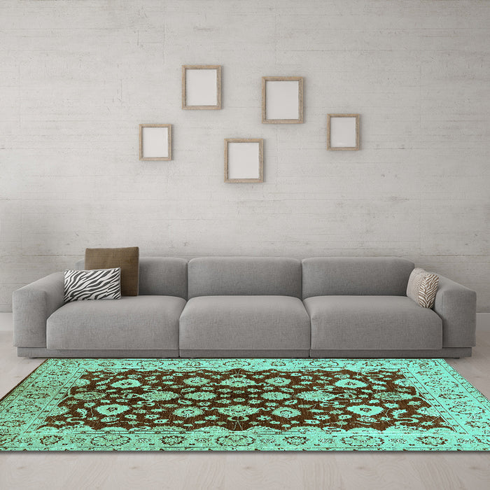 Machine Washable Oriental Turquoise Traditional Area Rugs in a Living Room,, wshurb704turq