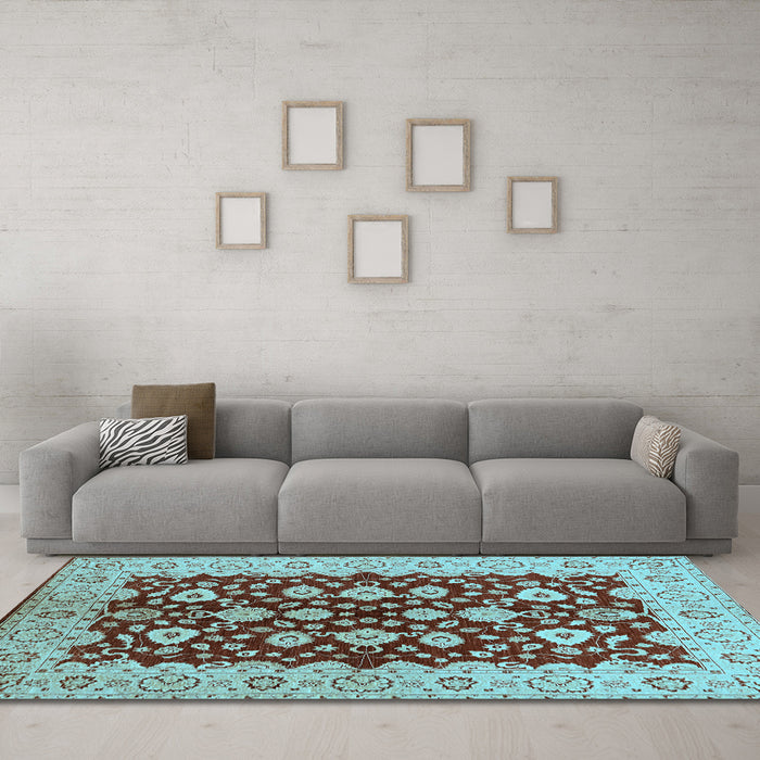 Machine Washable Oriental Light Blue Traditional Rug in a Living Room, wshurb704lblu