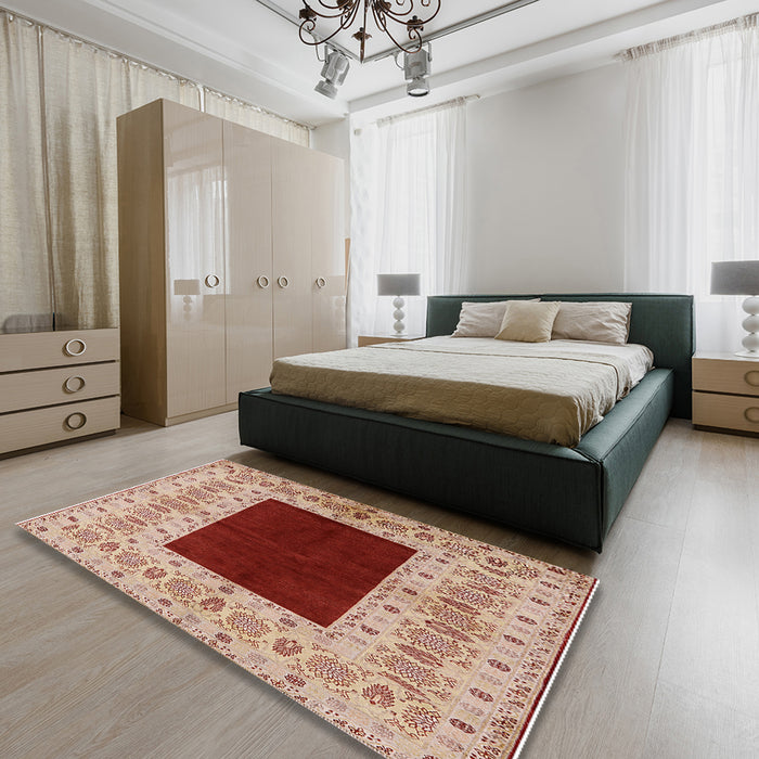 Mid-Century Modern Red Oriental Rug in a Bedroom, urb705