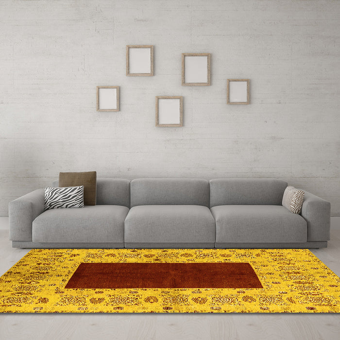 Machine Washable Oriental Yellow Traditional Rug in a Living Room, wshurb705yw