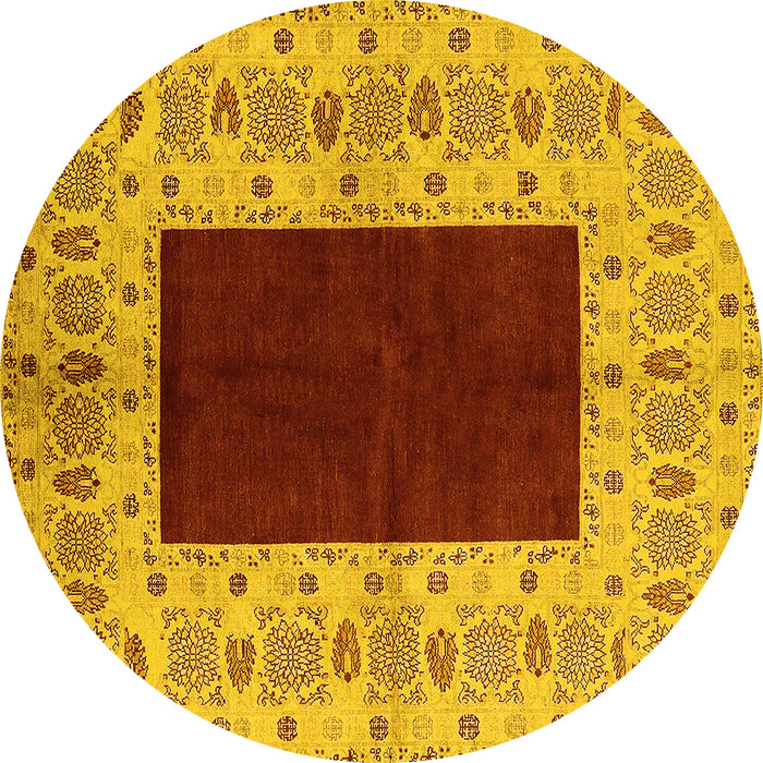 Round Machine Washable Oriental Yellow Traditional Rug, wshurb705yw