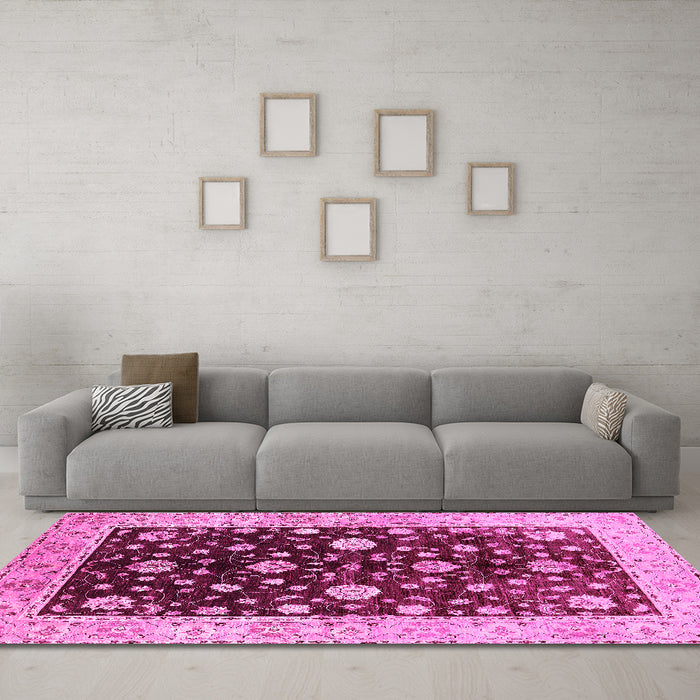 Machine Washable Oriental Pink Traditional Rug in a Living Room, wshurb706pnk
