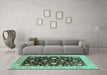 Machine Washable Oriental Turquoise Traditional Area Rugs in a Living Room,, wshurb706turq